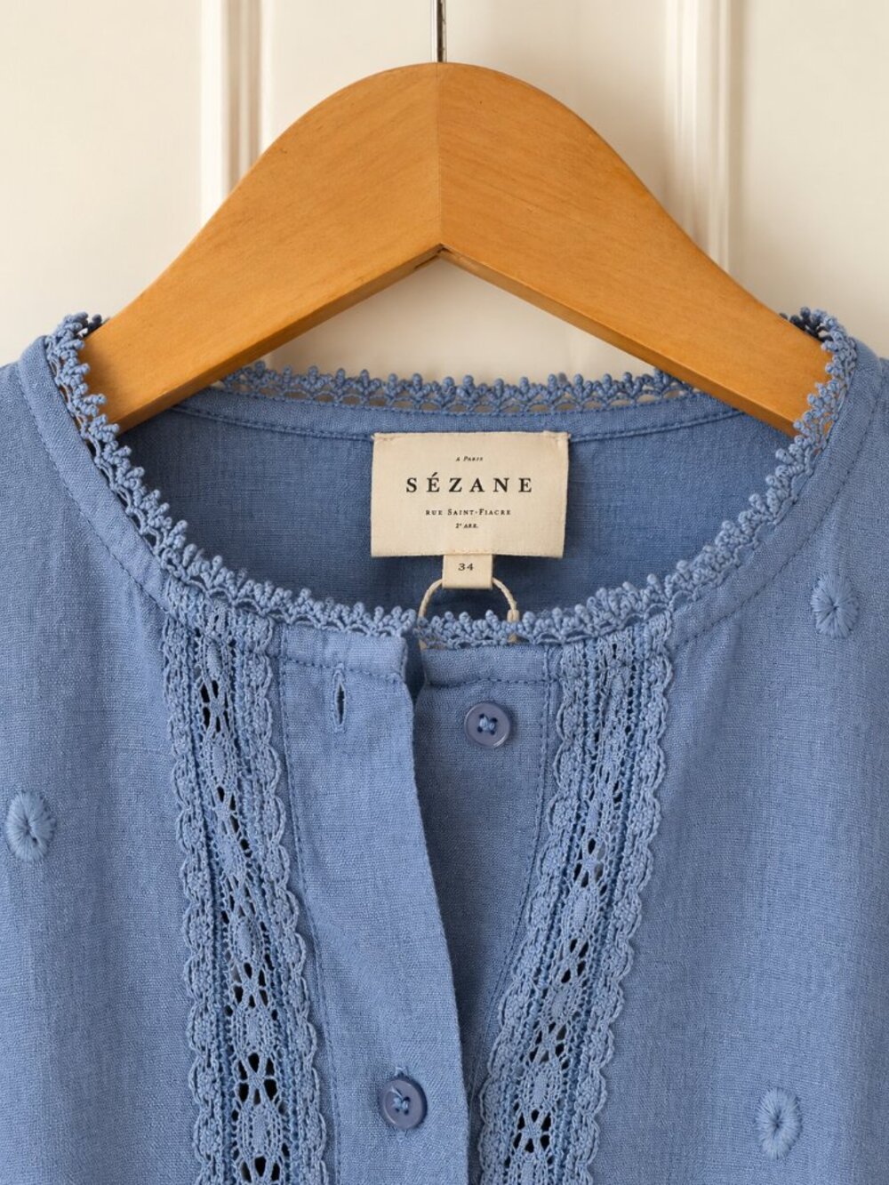 Sezane Akiraly Shirt Blue Carnation Solid Embroidery - Size 2 - Picture 4 of 7